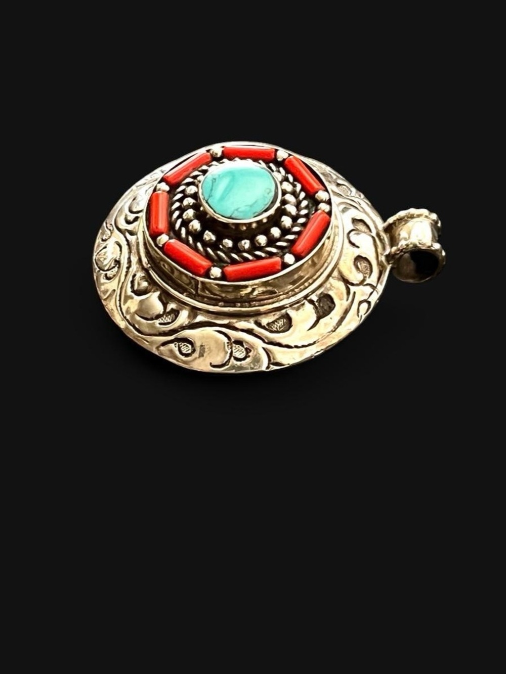Large Southwestern Turquoise & Coral Tibetan Silver Medallion Pendant - Picture 6 of 7